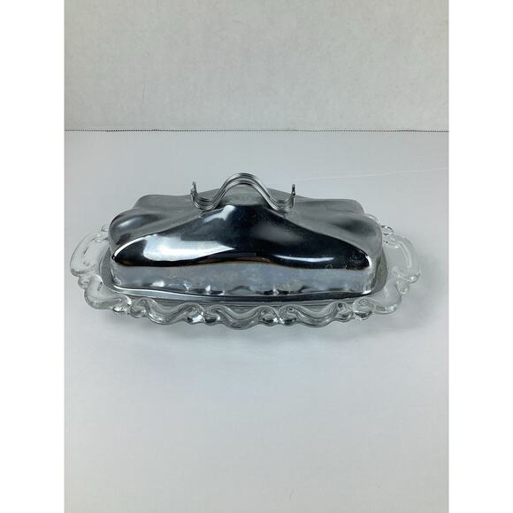 Vintage Chrome Plated Butter Dish & Lid Made In USA Glass Base MCM - Picture 1 of 6